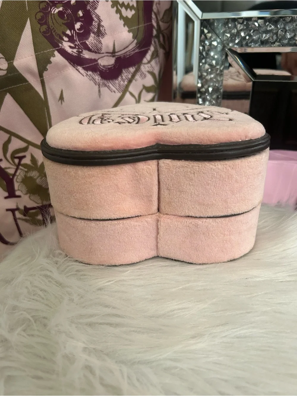 Rare Vintage Juicy Couture Pink Velour Heart Shaped Tiered Swivel Jewelry Box